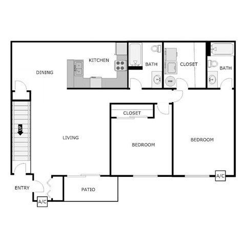 Floor plan for 2 beds, 2 baths, 1266 sqft